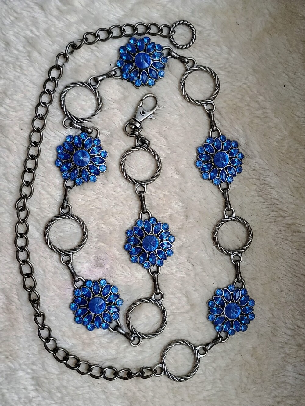 Y2K Royal Blue Rhinestone Flower Chain Belt Silver Statement Waist Chain Boho